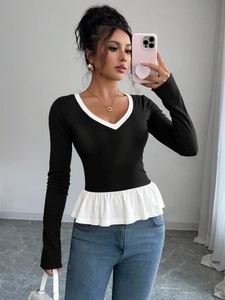 Top Peplum De Manga Larga Con Cuello En V Para Mujer Bloque De Color Dobladillo Con Volantes Punto Ajustado Elegante
