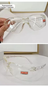 Macro detail of clear protective safety glasses showing UV 400 protection lens and frame