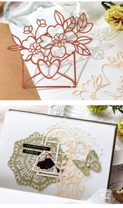 Detail of rose gold lace floral cutting dies with sample paper crafts for DIY scrapbooking
