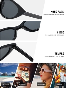 Detail of nose pads and hinge on black cat eye sunglasses with lifestyle scene shots
