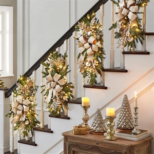 Christmas Staircase Swag Wreath Artificial PVC Pine Needles Velvet Bow Ornament Balls Warm LED Lights Festive Home Decor