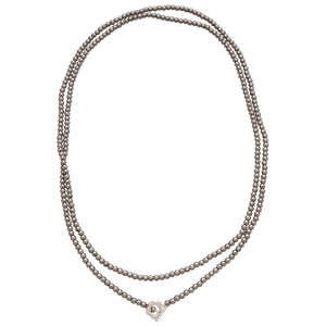 Double-layered gray beaded necklace with a vintage flower-shaped toggle clasp