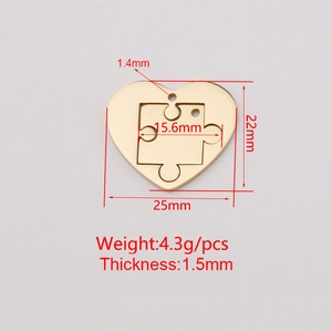 Polished gold stainless steel heart puzzle pendant with 25mm dimensions and specifications
