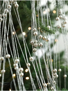 Gros plan d'une guirlande de perles argentées scintillantes sur un sapin de Noël illuminé