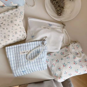 Floral and checkered cotton mini pouches with pearl chains and stylish zip closure
