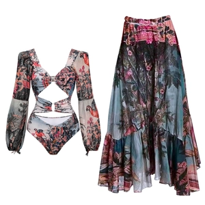 Tropical parrot print long sleeve cutout one-piece swimsuit and maxi wrap skirt set