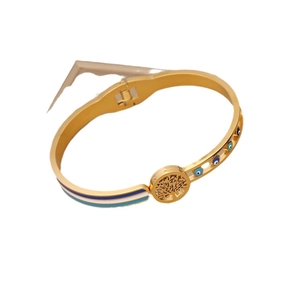 Gold Tree of Life bangle with Evil Eye accents and colorful enamel striped details