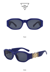 Detail of blue acetate sunglasses featuring golden lion head relief on the temple arm