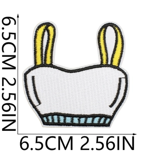 Detail of embroidered vest patch with blue stripes and 6.5cm size measurement mark