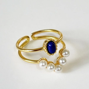 Vintage 925 Sterling Silver Double Layer Adjustable Ring With Blue Gemstone And White Artificial Pearls 18K Gold Plated French Chic