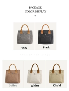 Canvas tote bag detail view showing multi-color options, front pocket and sturdy handles.