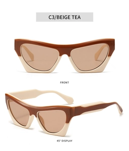 Front and 45-degree angle of cat-eye sunglasses in beige tea and brown dual tones