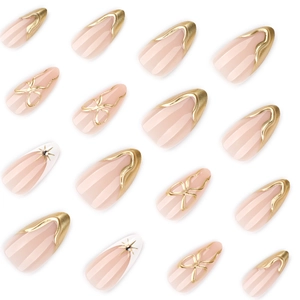 French style 3D gold press-on nails in short almond shape with pink base and bow design
