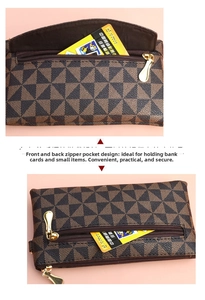 Detail view of double-zippered checkered PU leather coin purse with golden teardrop pulls