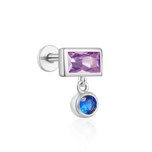 Macro detail of S925 sterling silver ear stud with purple and blue gemstones