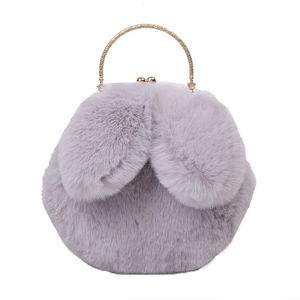 Cute purple faux fur handbag with rabbit ears and golden metal circular handles for women