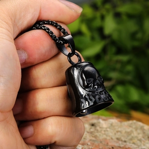 Vintage black skull bell pendant necklace in stainless steel with flame pattern