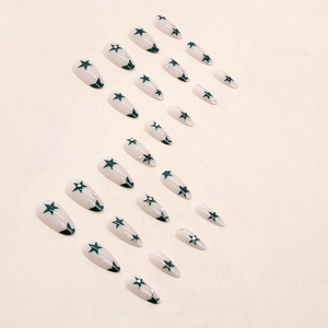 Almond press-on nails set in army green star patterns with small rhinestones on milky base