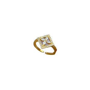 Luxurious gold square floral ring with sparkling zircon insets and open adjustable band
