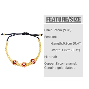 Detail view of Evil Eye bracelet showing dimensions and adjustable sliding chain mechanism