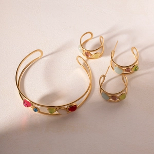 French vintage 18K gold plated stainless steel jewelry set with colorful resin stones