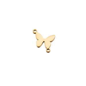 Detailed view of a golden butterfly-shaped stainless steel connector with two holes