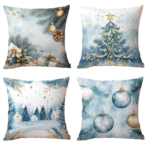 Christmas Throw Pillow Covers Blue Gold Watercolor Winter Snowflakes Pine Trees Linen Polyester Decor For Sofa Couch