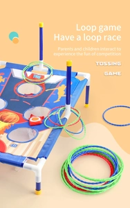 Close-up of kids indoor outdoor toss game set with colorful rings and sandbags