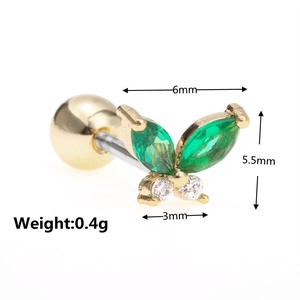 Detailed size chart for butterfly stud earring with green marquise zircon and screw ball back