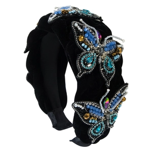 Braided black velvet headband with jeweled butterfly accents and pearl bead embellishments