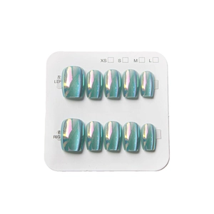 Iridescent aurora press-on nails in blue-green chrome with 10 handmade square-oval pieces