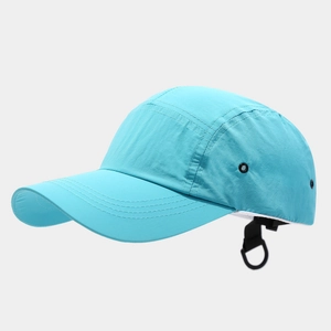 Sky blue five-panel quick-dry sports cap featuring side vents and adjustable buckle strap