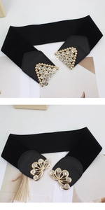 Detailed comparison of elastic wide belts with triangle and floral rhinestone buckles