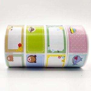 Colorful waterproof cartoon name labels roll for kids school stationery on white background