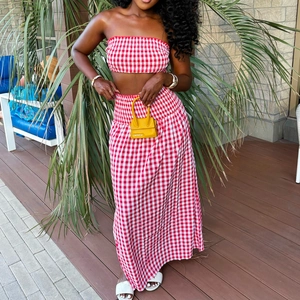 Damen Sommer Gingham Crop Tube Top Und Maxi Rock Outfits Sexy Gesmokt Kariert Urlaub Boho Strand