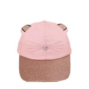 Pink girls cat ear baseball cap with rose gold glitter brim and heart embroidery