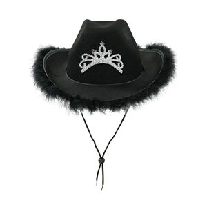 Detail of black cowboy hat featuring rhinestone crown and fluffy feather trim edge