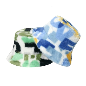 Women Faux Rabbit Fur Plush Bucket Hat Colorful Letter Pattern Warm Winter Windproof Soft Fashion