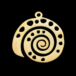 Detailed view of a golden spiral hollow pendant made of polished stainless steel