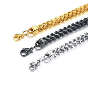 Polished titanium steel woven wheat chains in gold, black, and silver with lobster clasps