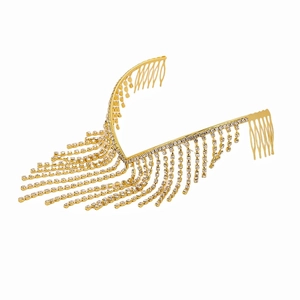 Detail of gold hair comb with sparkling rhinestone tassels for an elegant back hairstyles