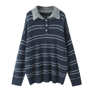 Detail of grey polo collar and button placket on dark blue striped knitted sweater