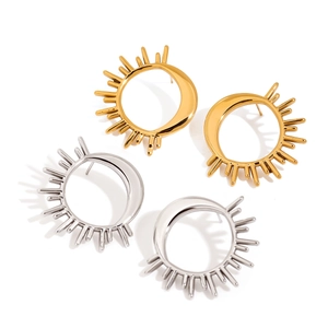Macro shot of sunburst design earrings in polished gold and silver stainless steel