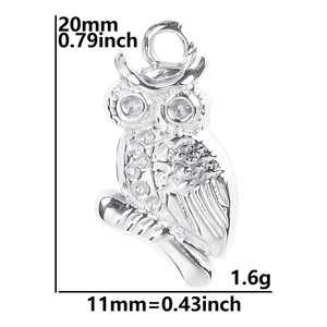 Detailed view of silver owl pendant dimensions 20mm height and 11mm width for DIY jewelry