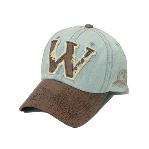 Berretto da baseball vintage in denim lavato con patch W e tesa marrone per uomo