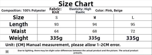 Size chart for knit short sleeve top and pleated skirt set with fabric and measurement details
