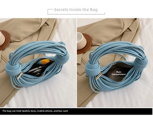 Detail view of light blue knotted handbag interior showing storage for phone and lipstick