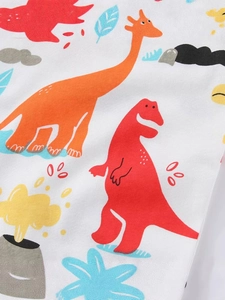 Short sleeve boy's cotton t-shirt featuring colorful cartoon dinosaur and volcano prints