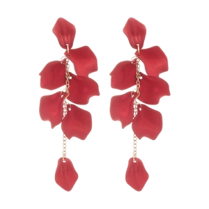 Elegant red rose petal drop earrings with long gold chain tassels for women