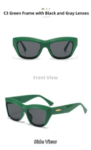 Macro shot of green thick frame cat eye sunglasses with gold stripe metal detail